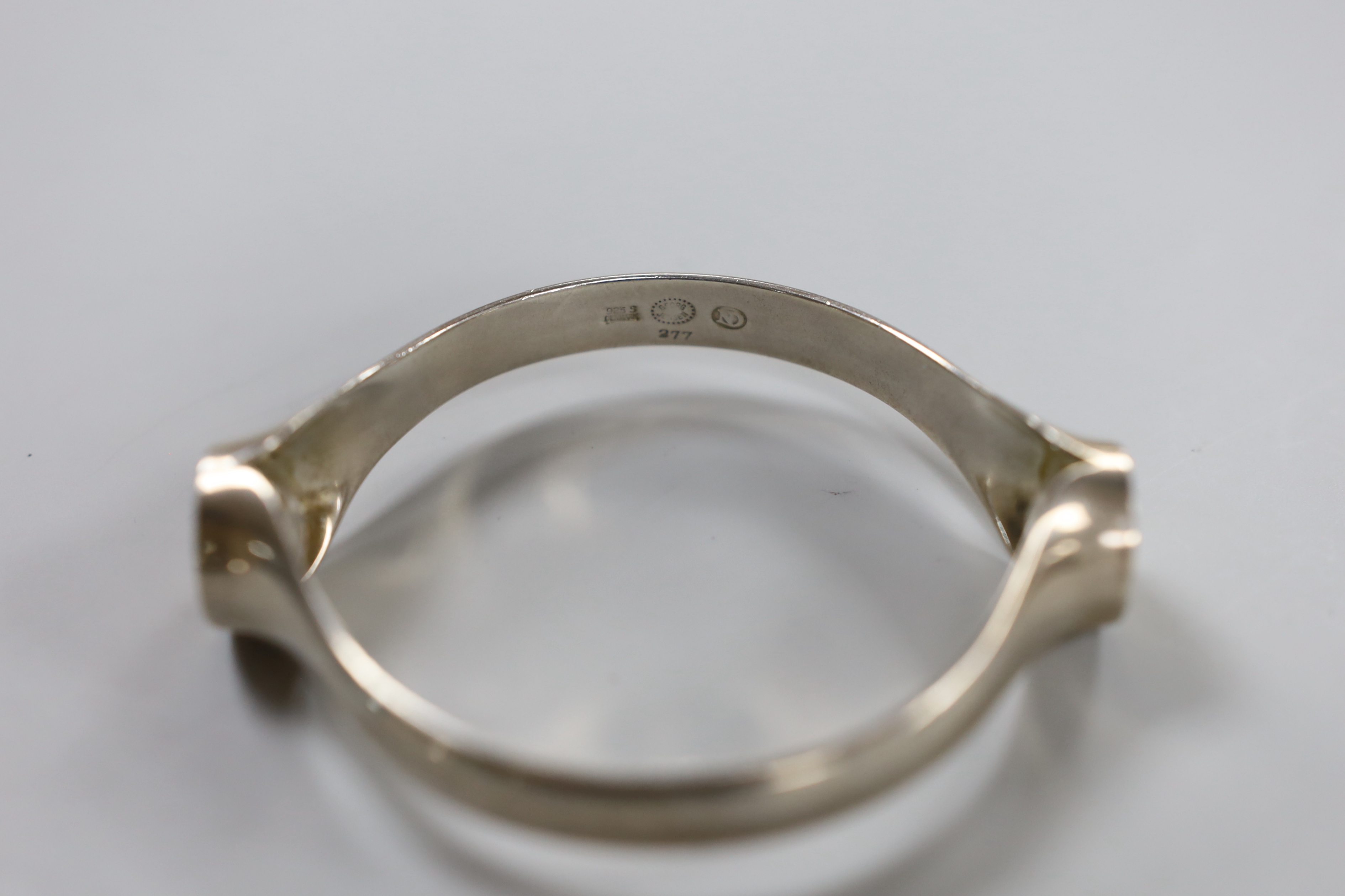 A Nanna Ditzel? for Georg Jensen sterling and two stone cultured pearl set bangle, design no. 277.